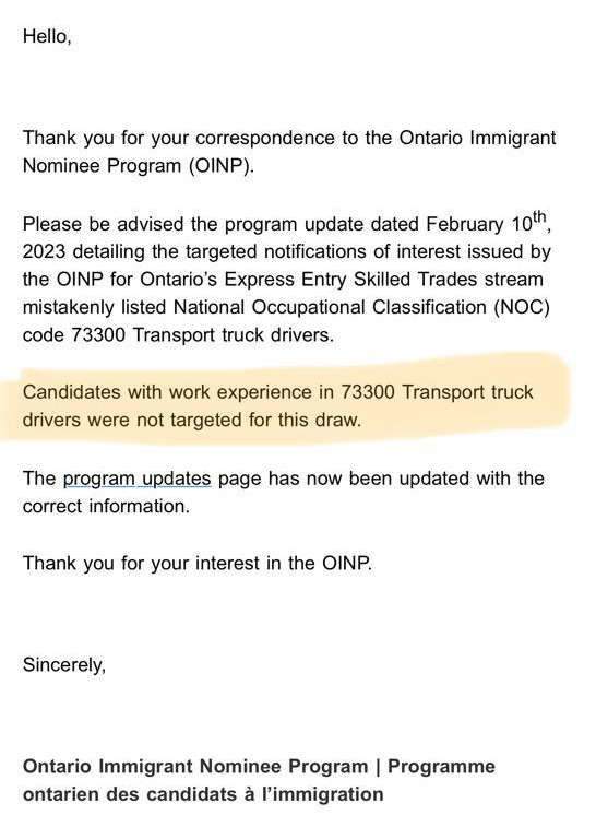 Email from OINP Department received by an RCIC on Feb 13, 2023